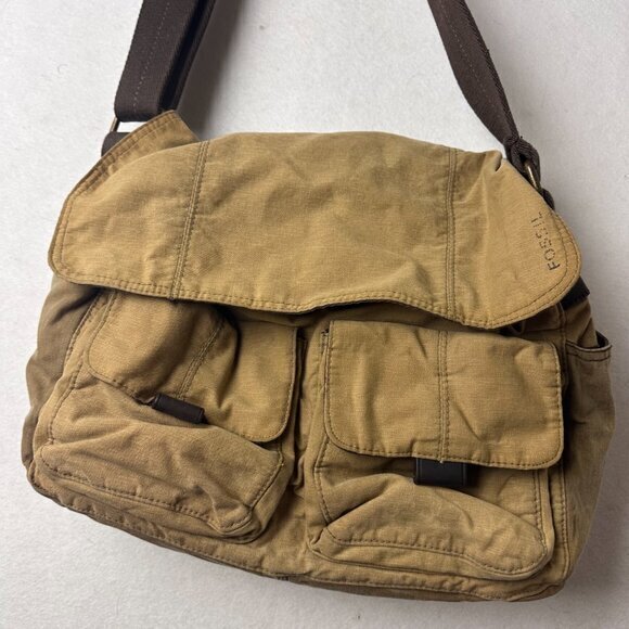 Fossil Messenger Bag Cloth Canvas Leather Accent Brown Crossbody duffle manpurse - Picture 2 of 9